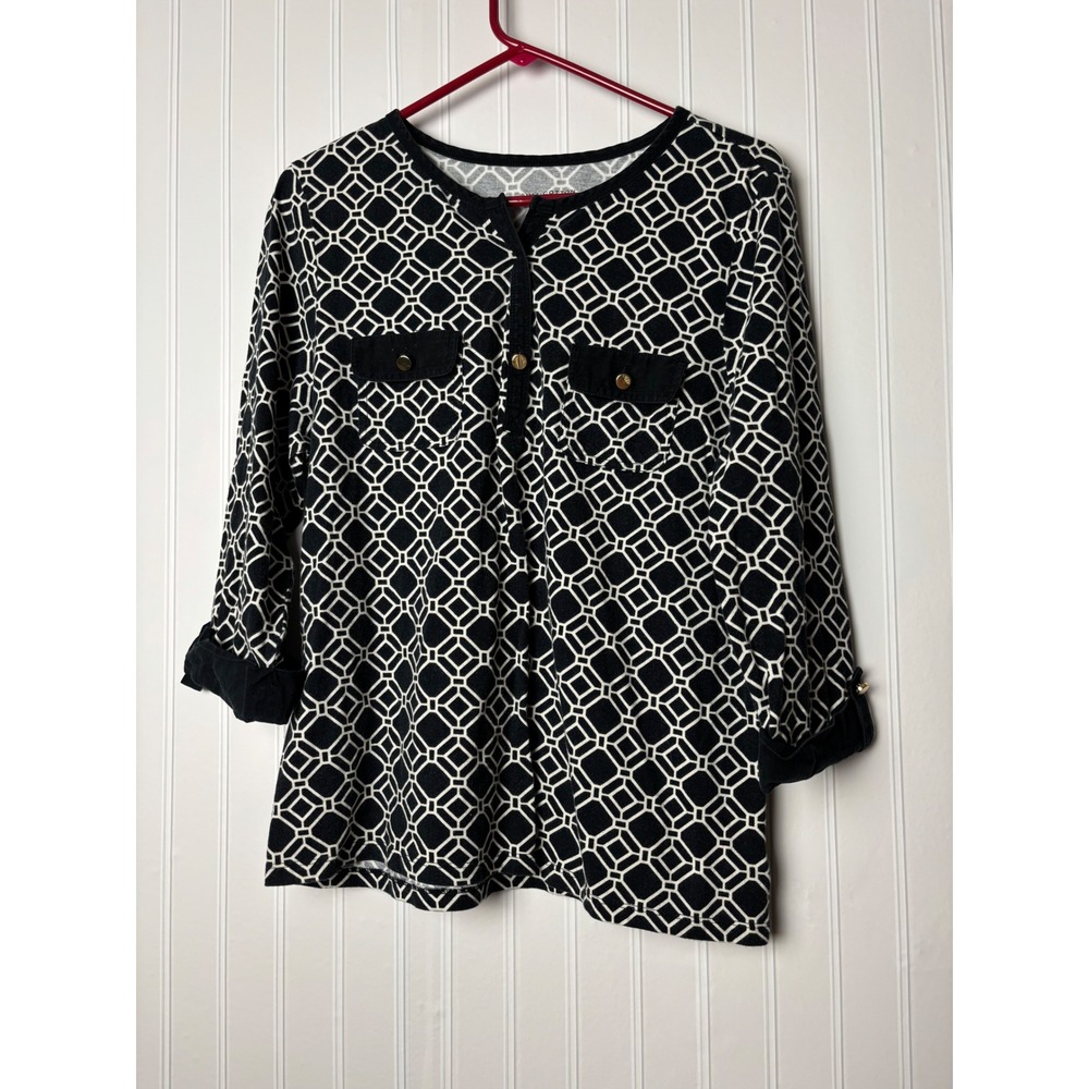 Charter Club Luxury Pima Cotton Geometric Print 3/4 Sleeve Top Black White XL
